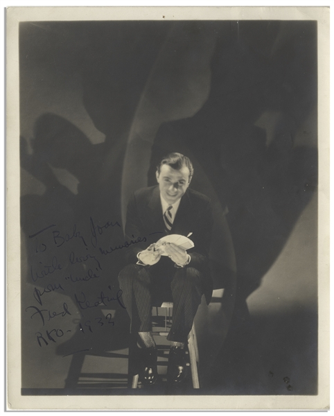 Magician Fred Keating Signed 8'' x 10'' Matte Photo, Inscribed to Moe's Daughter -- Also With Moe's Newspaper Clipping From 1932 of Howard, Fine & Howard Co-Headlining With Fred Keating -- Very Good